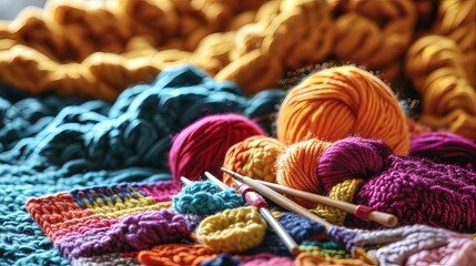 Vibrant Yarn and Knitting Workspace with Active Crochet Project
