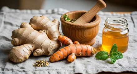 Ginger turmeric and honey for natural remedy and herbal medicine health and wellness benefits and immunity boost