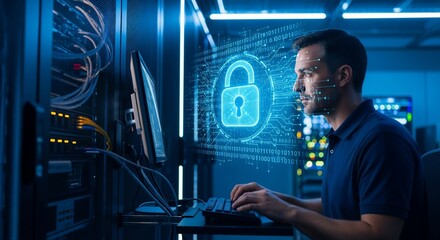 IT specialist working in a data center, implementing network security protocols with a glowing padlock icon overlay representing data protection and privacy