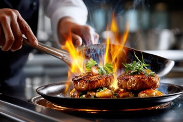 Chef flambes two steaks in a commercial kitchen