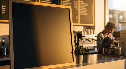 A barista works behind the counter in a cafe, with a blank chalkboard in the foreground bathed in warm sunlight.