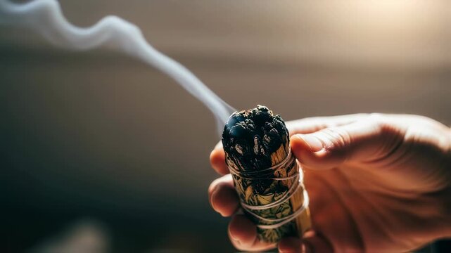 Man hand holding burning white sage smudge stick emitting smoke, conceptual for spiritual purification and meditation practice, video footage.