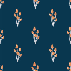 Mushroom pattern on dark blue background. Simple Seamless background with brown mushrooms, neutral vector pattern. Whimsical minimalistic autumn pattern. Vector flat illustration.