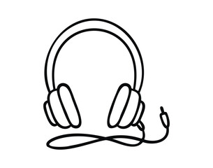Over ear headphones wired as monochrome line art doodle, clean outline and contour, hand drawn.