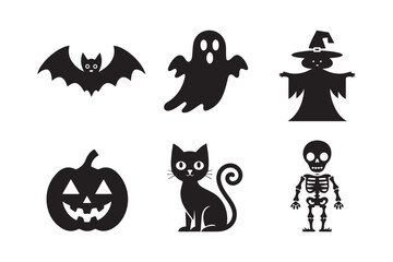 Six spooky halloween icons including bat ghost scarecrow pumpkin cat and skeleton