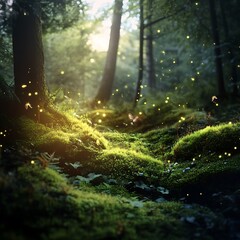 Magical night forest glowing with fireflies high resolution picture