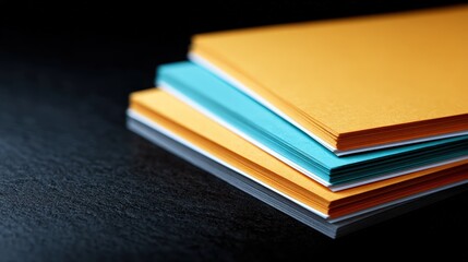 Vibrant Stack of Orange and Blue Flyers Fanned Out on Black Surface