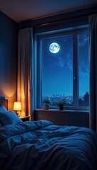Dark, starlit sky visible through a bedroom's ceiling window, moonlight illuminating the room  Perfect for interior design, architecture, or peaceful night themes ,  relaxation,  serene,  moon