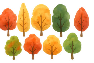 Obraz premium Whimsical autumn forest cartoon illustration with red, green, and orange trees perfect for decorative seasonal and creative artwork