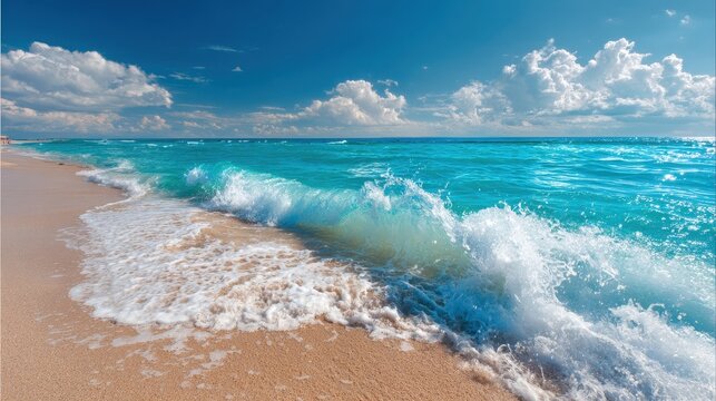 Serene August Beach Scene: Gentle Waves Lapping the Sandy Shore in a Tropical Summer Paradise
