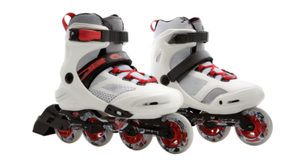 Pair of inline skates, white with gray and red accents.  Adjustable straps, visible wheels, and protective shell.  Sports equipment for outdoor or indoor activity