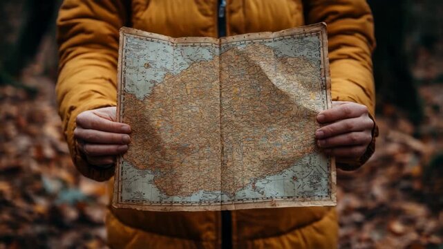 Person holding an old map in a forest surrounded by autumn foliage, exploring nature
