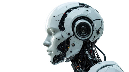 A futuristic robot head with a smooth, human-like face, showcasing advanced technology