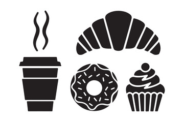 Simple black icons of coffee croissant donut and cupcake