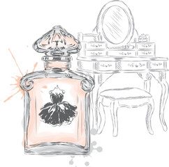 Perfume bottle and a dressing table. Vector illustration. Vintage postcard.
