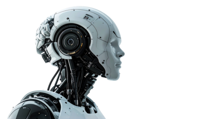 A detailed side profile shot of a futuristic robot head, highlighting its mechanical design and advanced technology. The robot head showcases intricate components and a sleek aesthetic