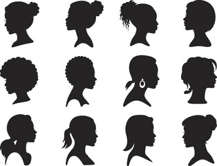 Collection of elegant female profile silhouette vector illustrations, diverse women hairstyle designs, fashionable lady portraits, beauty concept icons, stylish girl head outline set