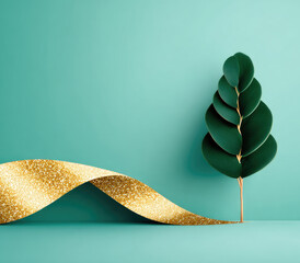 Decorative green tree with golden ribbon on blue plain background. Advertising banner for eco-friendly, natural products, cosmetics, food