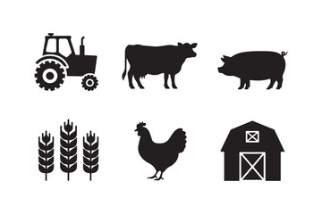 Farm icons silhouette collection tractor cow pig wheat chicken barn