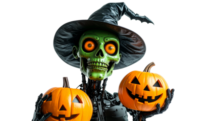 A spooky Halloween character holding two carved pumpkins, a festive and frightening scene