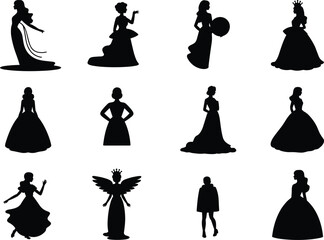 Elegant princess silhouette collection, royal women in gowns, fairytale queen with crown, vintage ball dresses, fantasy characters, isolated vector illustration set © MdShahin
