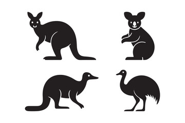Black silhouettes of australian animals kangaroo emu koala