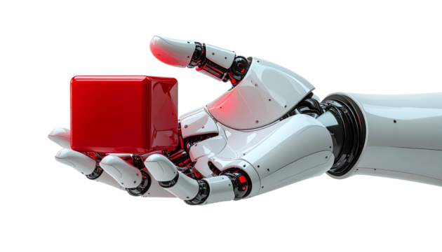 A robotic hand gracefully holding a vibrant red cube, showcasing technological advancement and precision. The smooth, metallic surface of the hand contrasts with the cube's sharp edges.