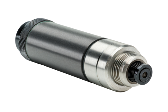 Industrial sensor, precision machined, dark background, technical illustration