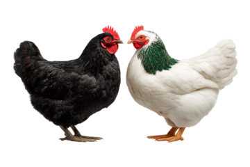  two chickens, one black and the other white with green spots on its body, standing side by side  transparent background