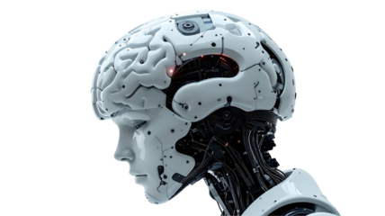 Intricate detail of a robot's head, focusing on the mechanical brain