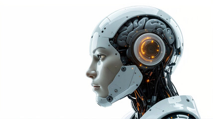 Fototapeta premium A futuristic robotic woman with her artificial brain. The cyborg reflects both technology and humanity