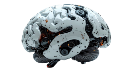 A futuristic, robotic brain with intricate mechanical details, symbolizing artificial intelligence and technological advancement.