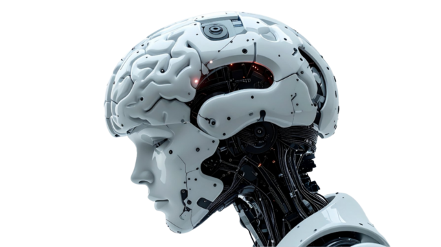 Intricate detail of a robot's head, focusing on the mechanical brain