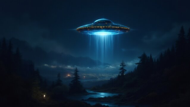 UFO hovers over a dark forest at night, emitting bright blue light.