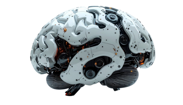 A futuristic, robotic brain with intricate mechanical details, symbolizing artificial intelligence and technological advancement.