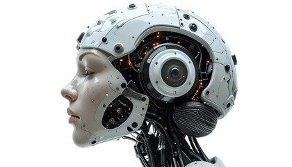 Fototapeta premium An advanced cyborg with a serene expression. The juxtaposition of human and machine creates a captivating and thought-provoking image. 