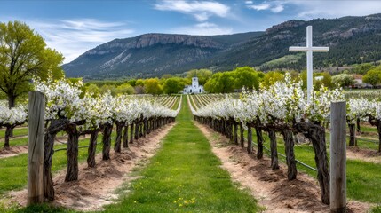 Naklejka premium Rows of blooming grapevines leading to a white church in a vineyard with christian cross