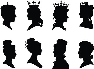  Royal woman silhouette vector, vintage female profiles, queen princess clipart, crown hairstyle illustration, elegant lady head silhouettes, Victorian female shadow art