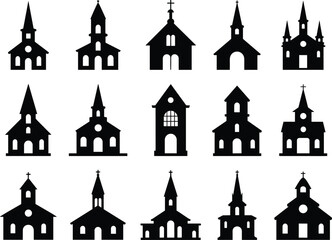 Set of church silhouette vector illustrations, Christian building icons, religious architecture designs, cathedral shapes, chapel symbols, worship place collection for faith, religion, spirituality