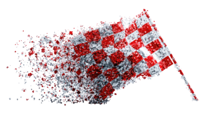 Checkered flag disintegrating in motion.  A digital rendering of a checkered flag, red and white,  is depicted as if shattering into fragments, suggesting a fast-moving or dramatic event