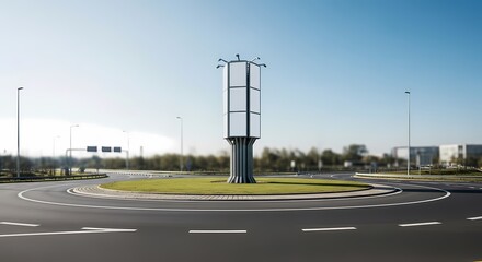A modern advertising tower stands in the center of an empty traffic roundabout under a clear sky.