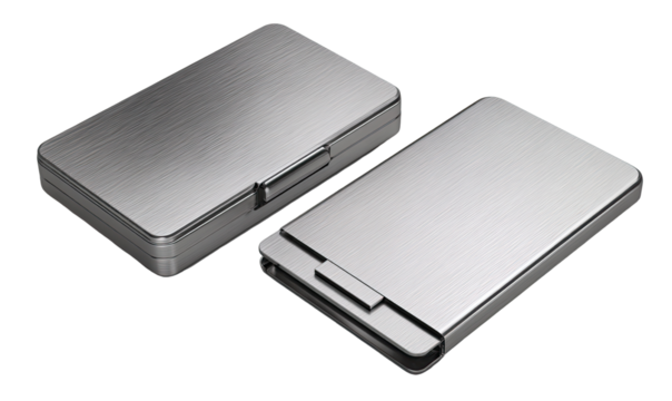 Two identical, brushed-metal, rectangular cases, slightly angled, showcasing a secure closure mechanism