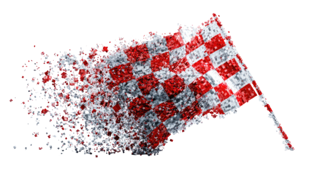 Checkered flag disintegrating in motion.  A digital rendering of a checkered flag, red and white,  is depicted as if shattering into fragments, suggesting a fast-moving or dramatic event