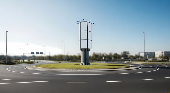 A modern advertising tower stands in the center of an empty traffic roundabout under a clear sky. - Powered by Adobe