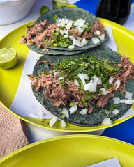 Barbacoa tacos with blue corn tortillas and onion cilantro topping