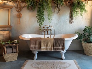 Relaxing boho bathroom with natural materials and plant decor.