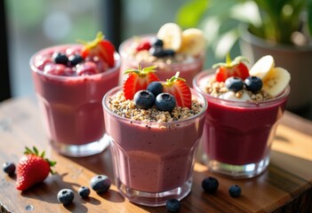 Colorful Vibrant Smoothie Bowls Delectably Topped with Fresh Fruits and Nutritious Superfoods for a Healthy Treat