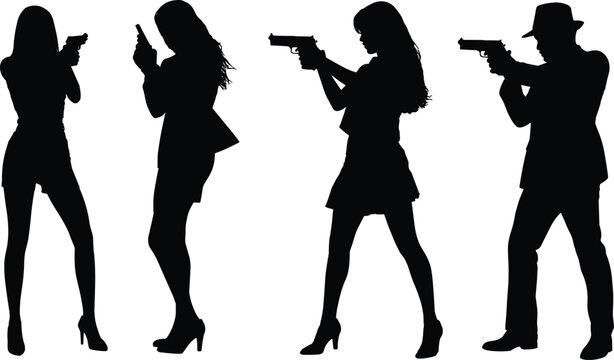 Silhouette collection of secret agent characters with guns, spy action poses, detective figures, female assassin shapes, armed man and woman illustration set vector