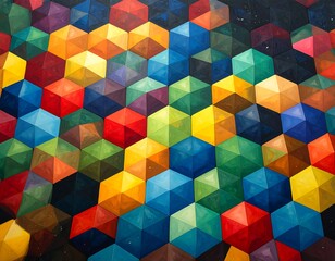 A vibrant display of multicolored, three-dimensional hexagons creates a captivating and dynamic visual pattern.  The interplay of colors and shapes produces an engaging and artistic effect.