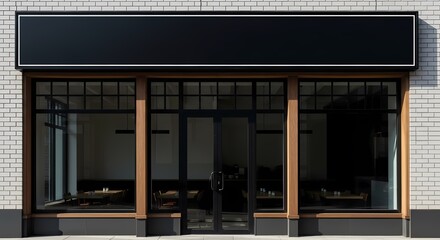 Front view of a modern brick storefront with a large blank black sign for mockup purposes.